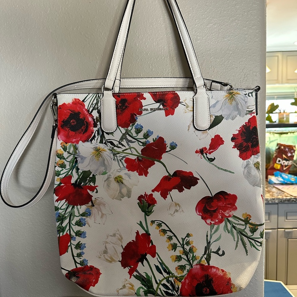Dana Buchman Floral Tote Bag - White with Red and Green Accents
